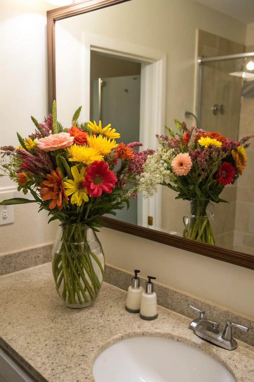 Brighten your day with a vibrant floral arrangement on the bathroom counter.