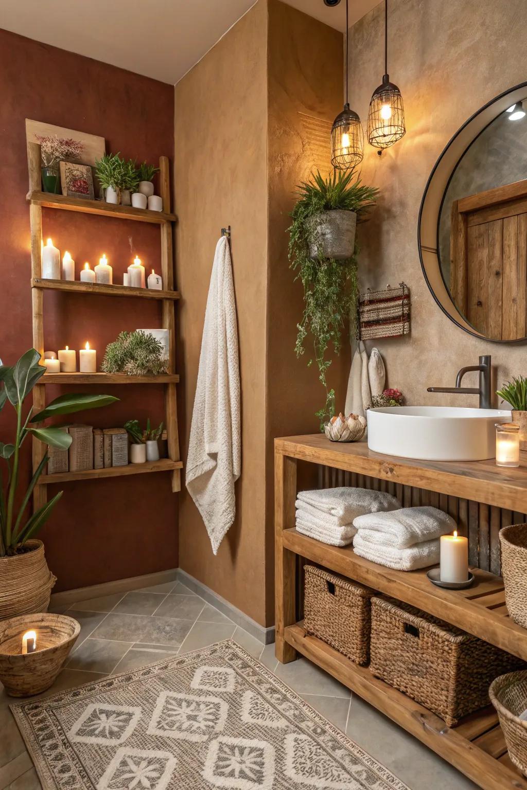 A rustic bathroom featuring warm colors and natural wood accents.