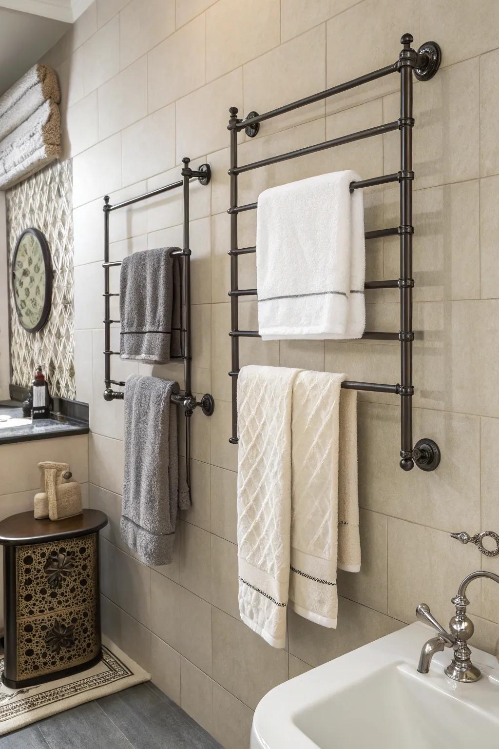 Wall-mounted racks provide easy access and a tidy look.