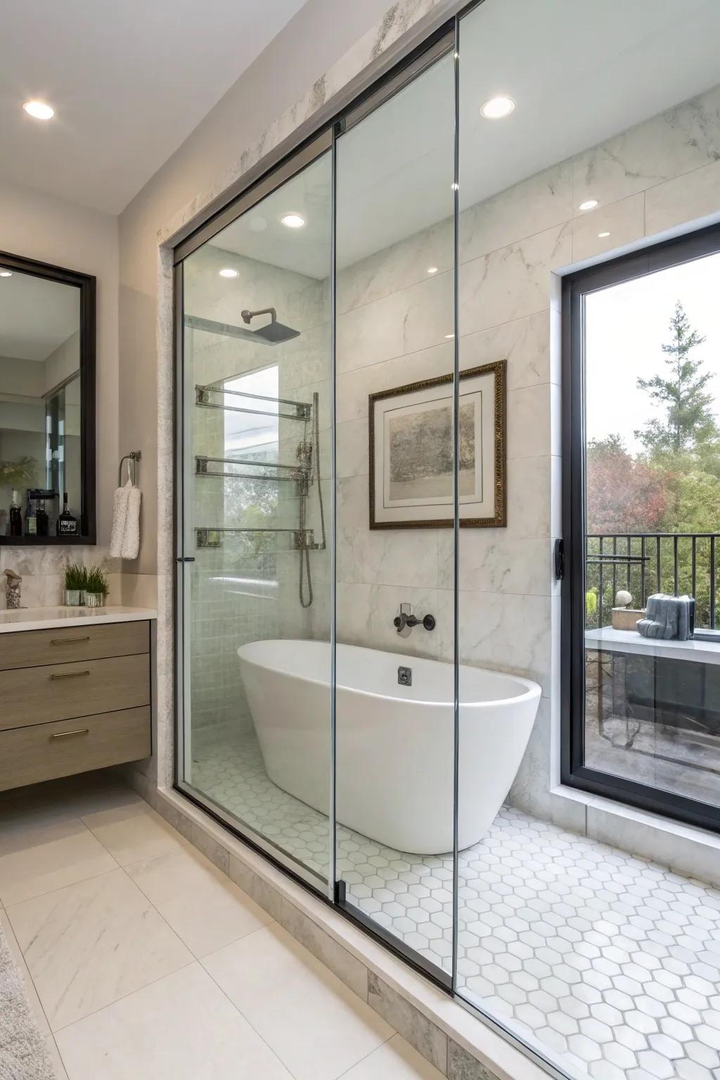 Frameless glass doors create a sleek and open bathroom vibe.