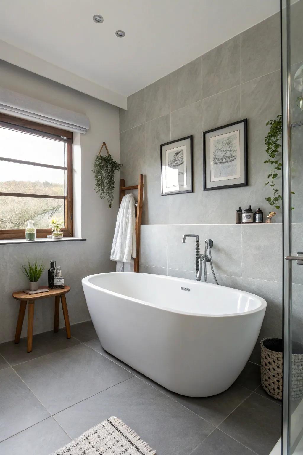 A white freestanding bathtub adds a touch of elegance to a modern bathroom.