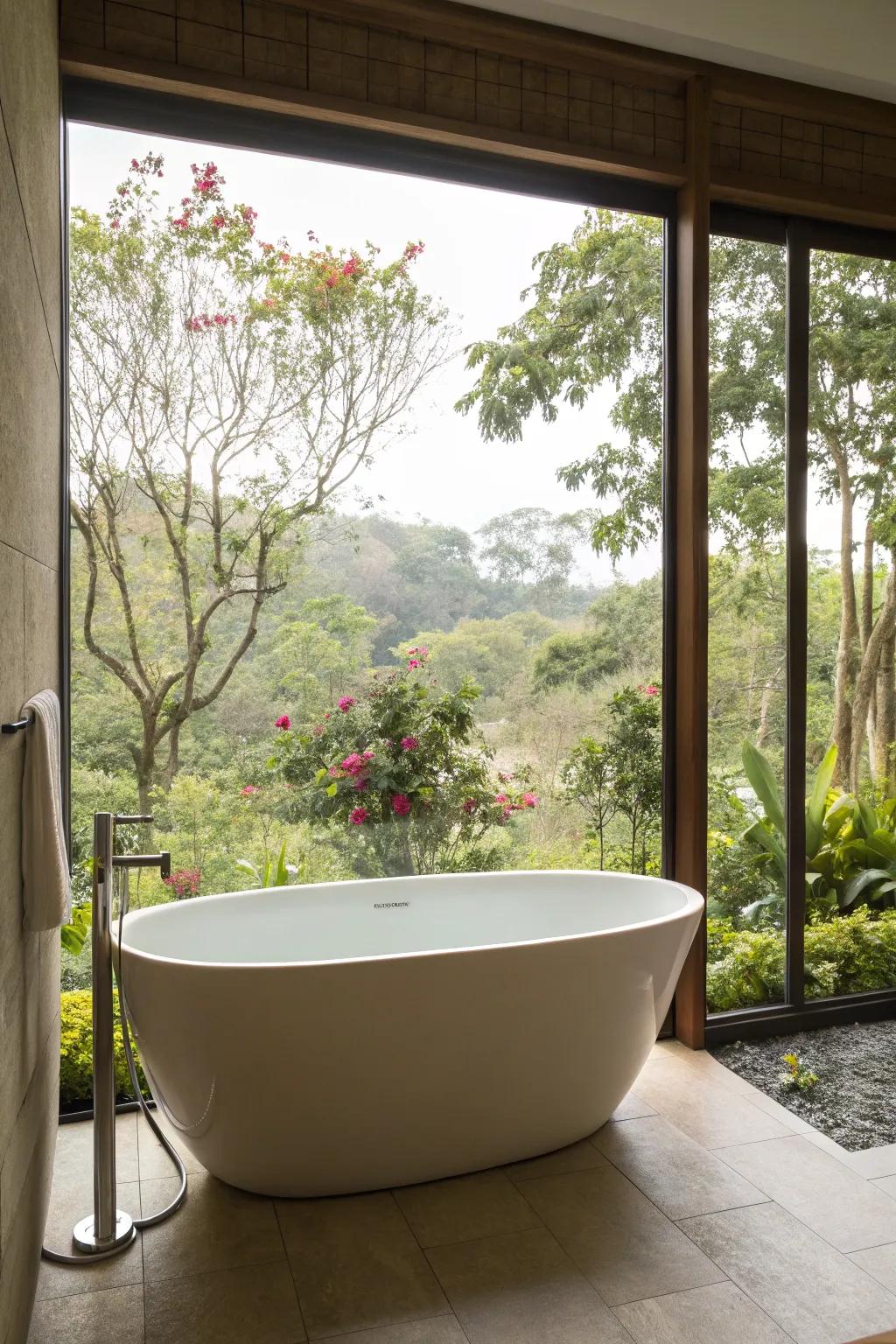 A freestanding tub with a serene garden view.