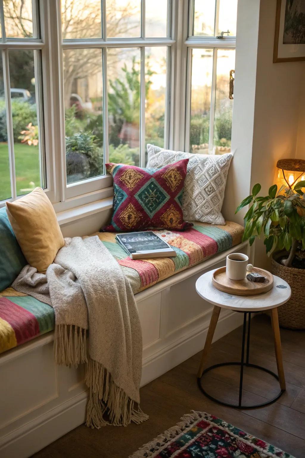 Create a cozy seating nook with colorful cushions and a soft throw.