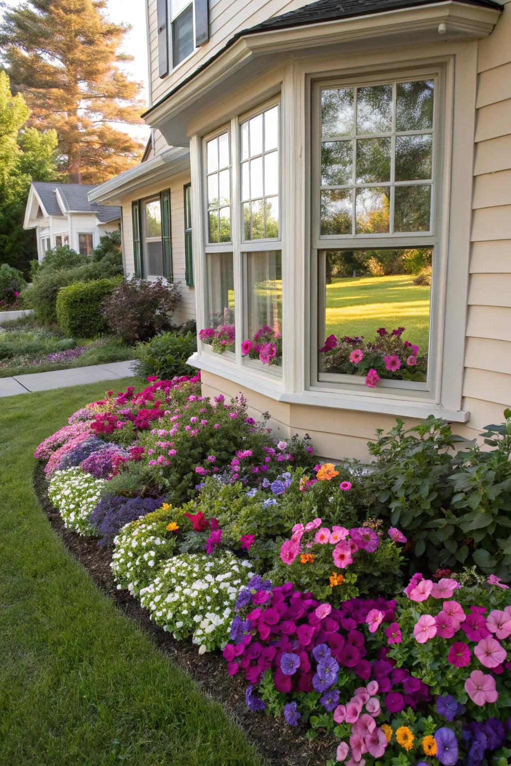 A vibrant flower bed with petunias and pansies brightening up a bay window.