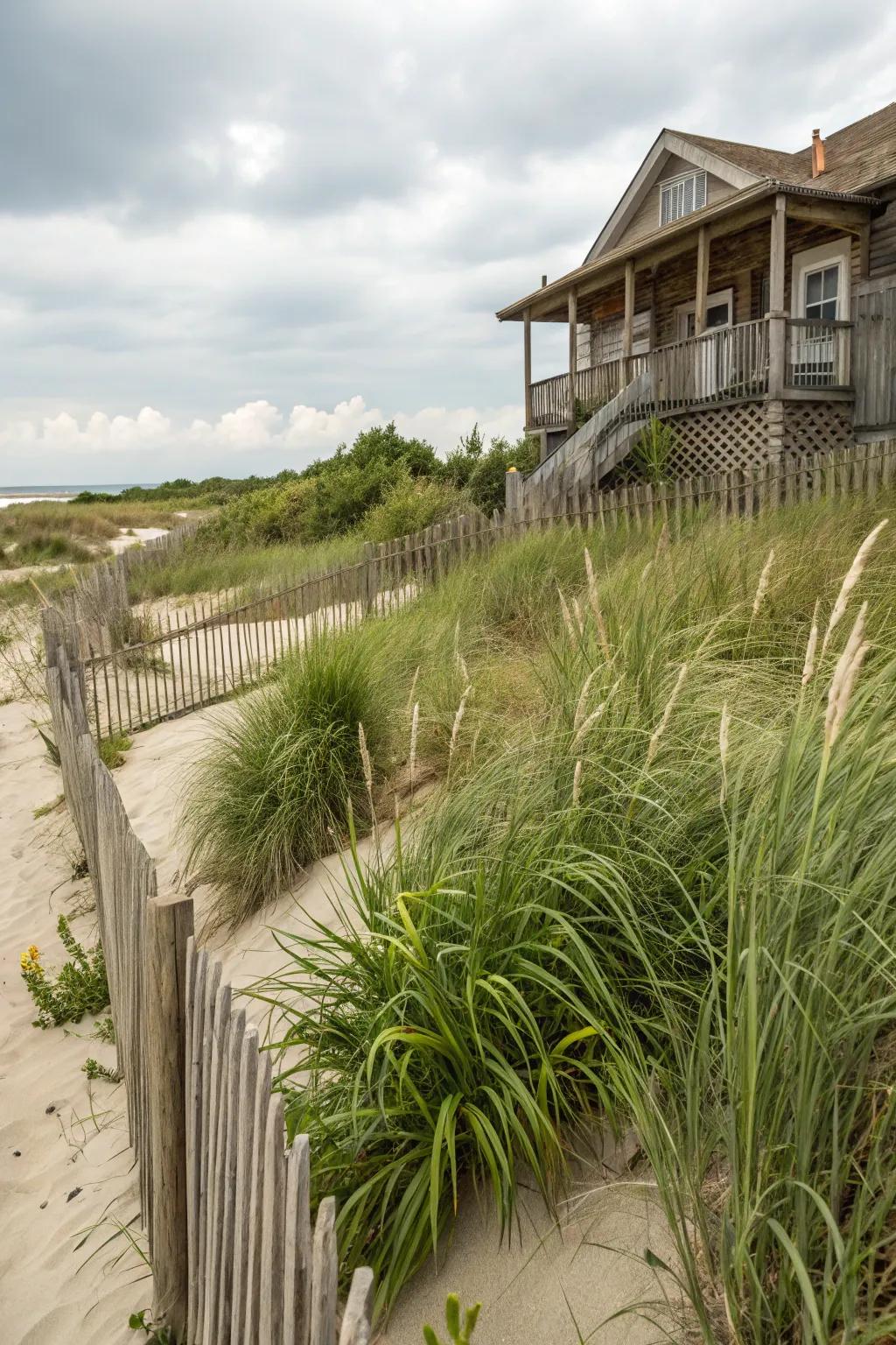 Native coastal plants thriving beautifully in a beach house garden.