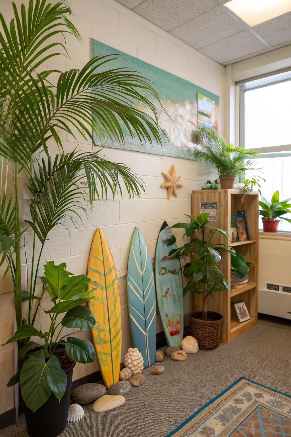 A lush classroom corner with tropical plants and ocean-themed items for a refreshing seaside feel.