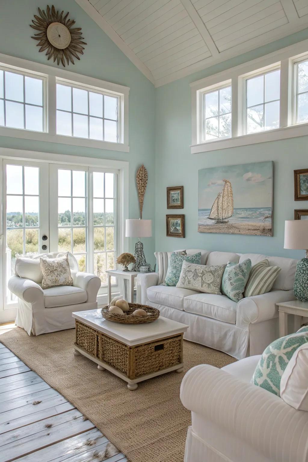 A soft blue and white color palette sets a peaceful coastal vibe.