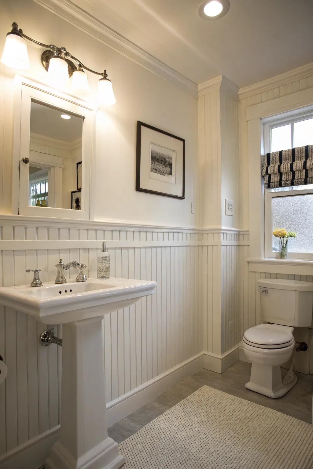 Classic white beadboard complements any bathroom style.