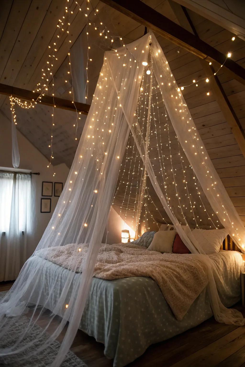 A canopy of twinkling lights transforms this bedroom into a celestial escape.
