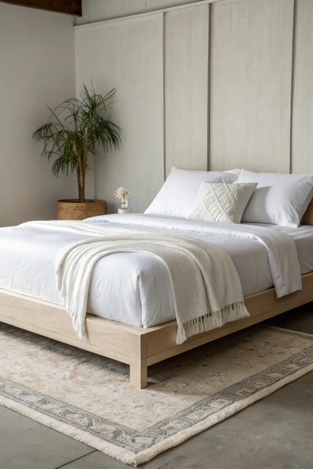 A minimalist approach with simple bedding can create a peaceful retreat.