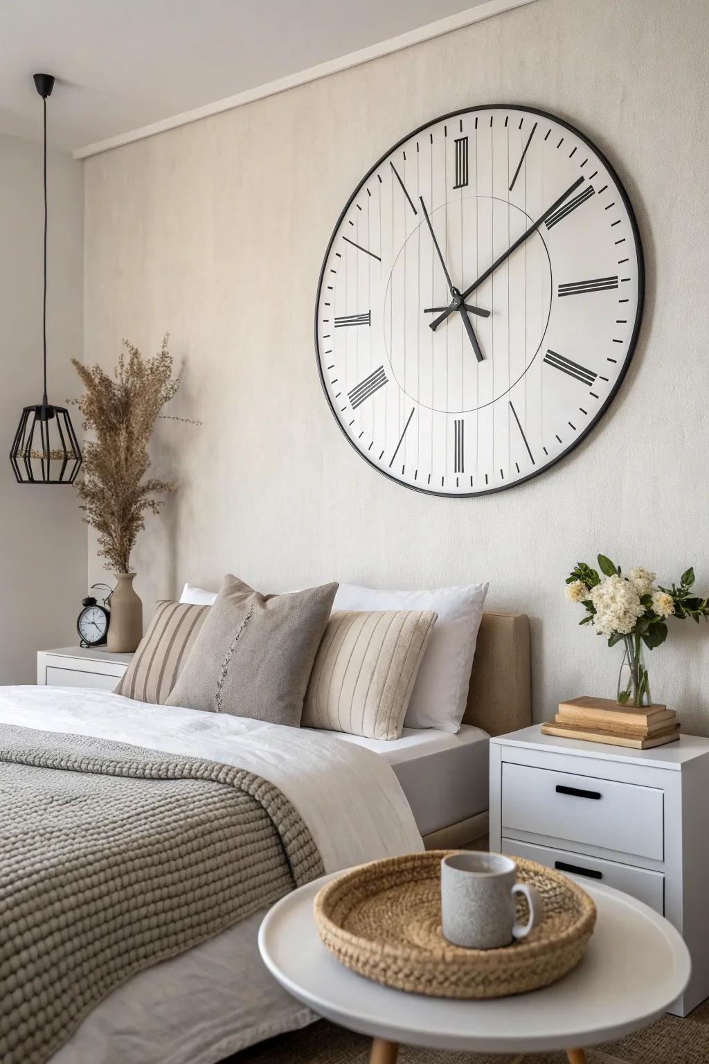 A minimalist clock adds a touch of modern elegance to any bedroom.