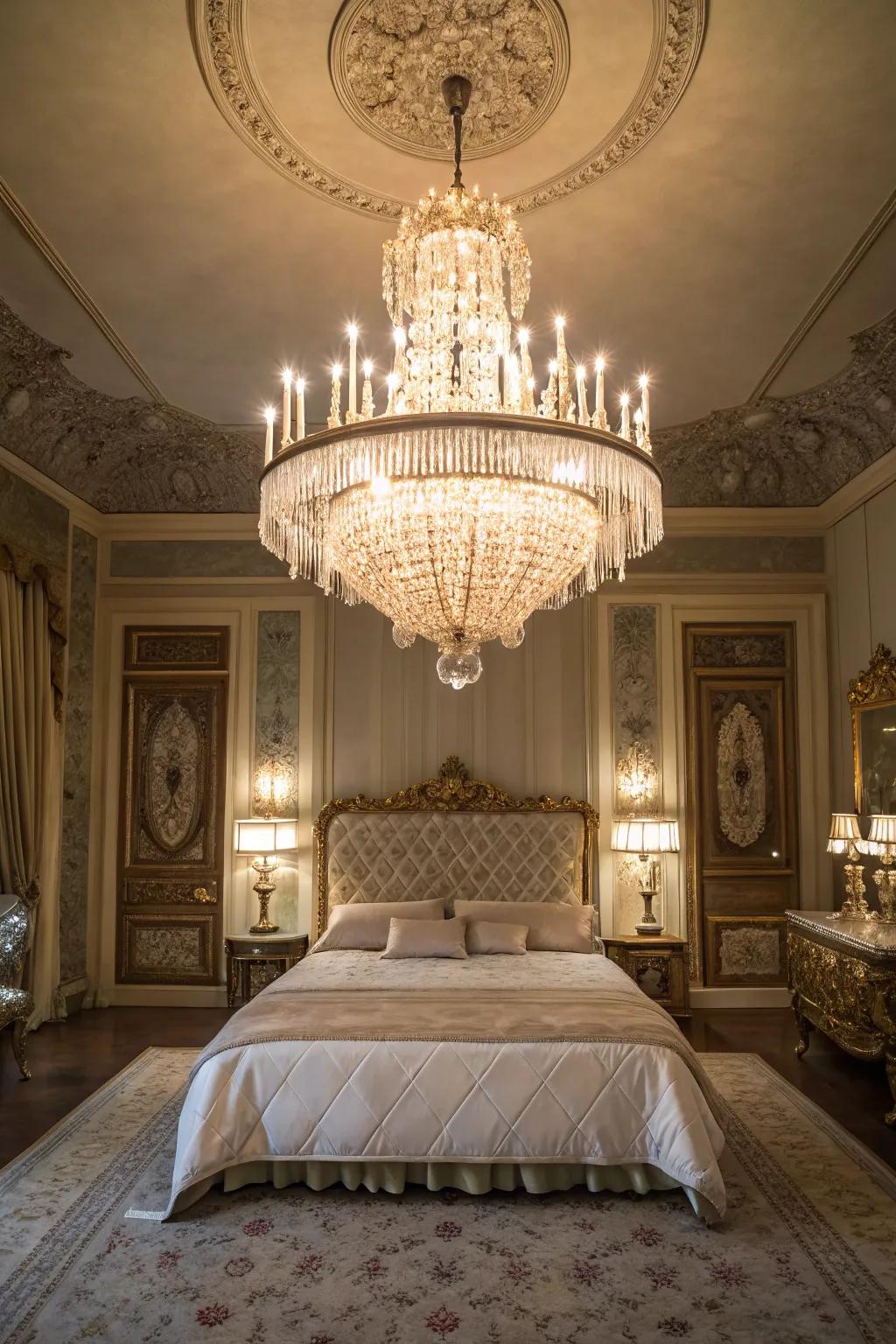 A stunning chandelier brings elegance to the bedroom.