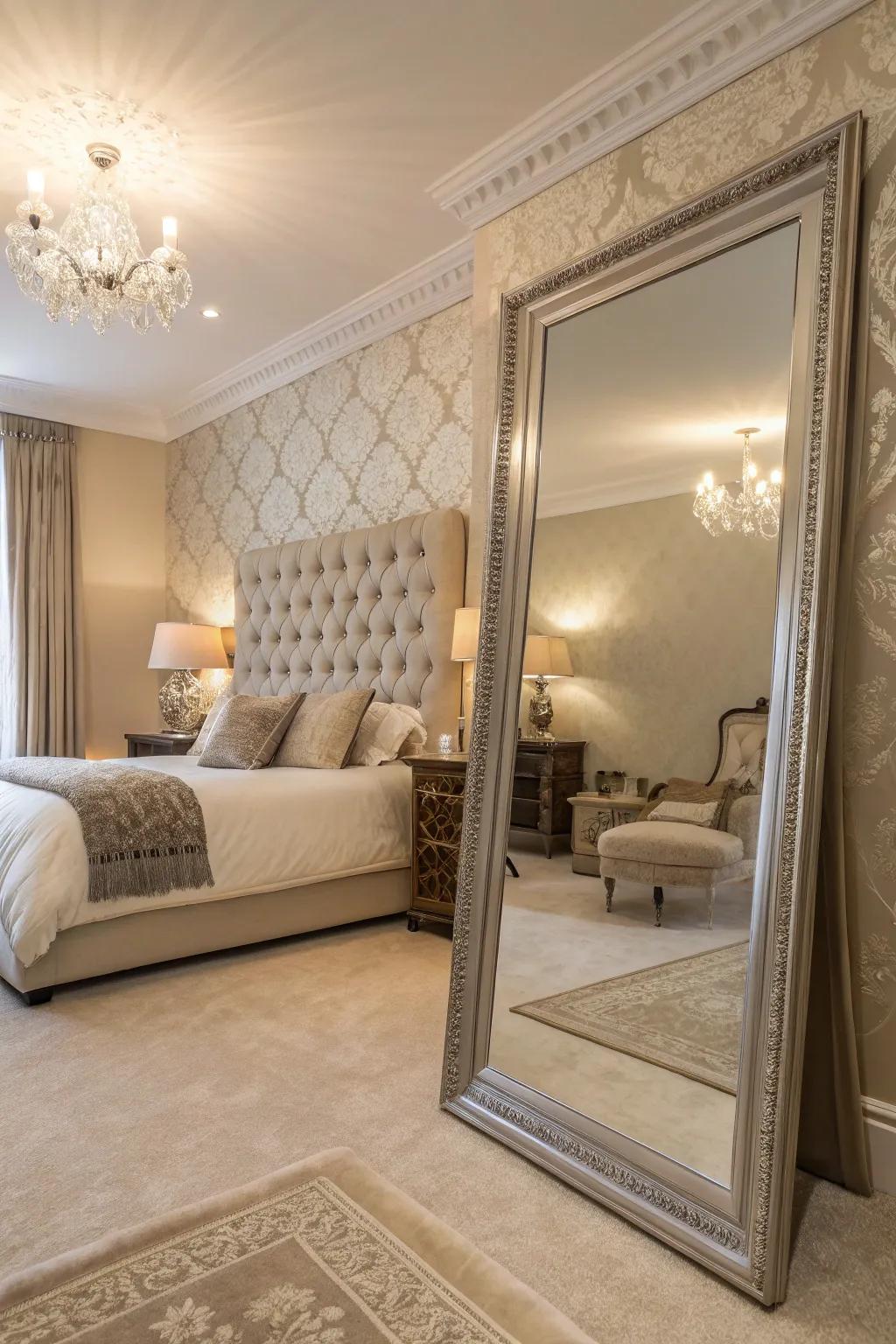 A beautifully styled bedroom with a floor-length mirror enhancing space and elegance.