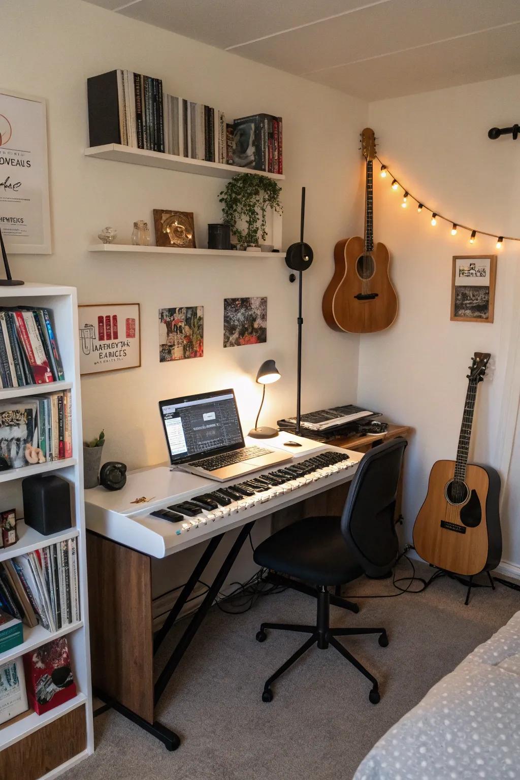 Efficient use of a bedroom corner for a compact yet functional music studio setup.