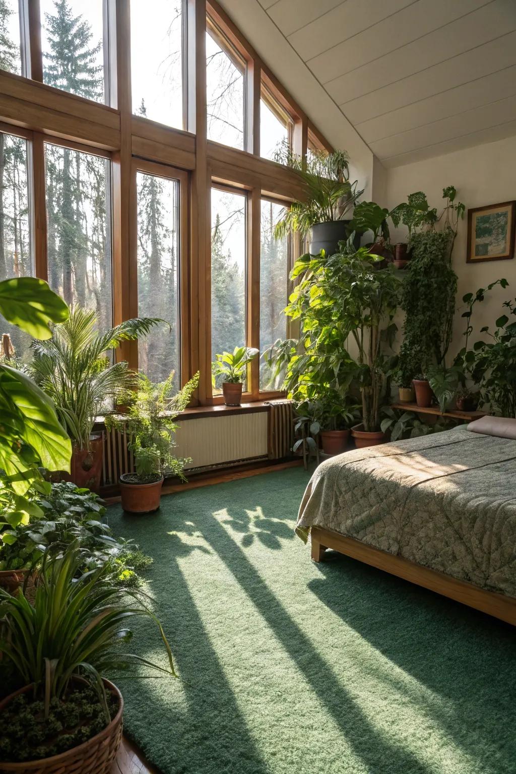 A naturally lit bedroom with a harmonious blend of a green carpet and indoor plants.