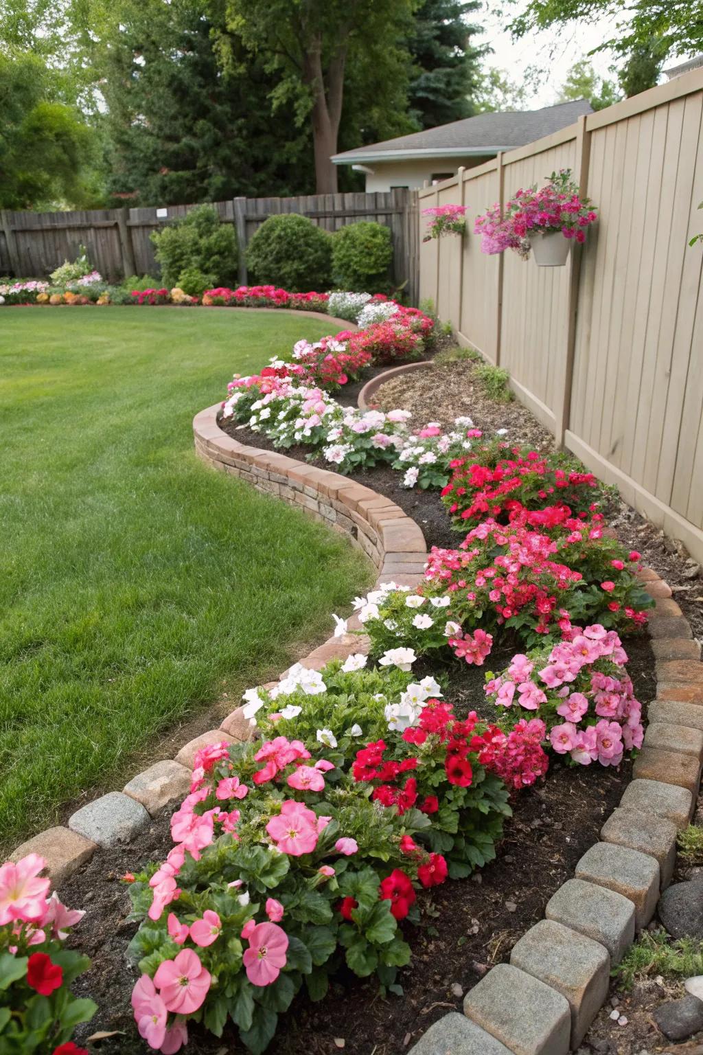 Curved begonia beds create a flowing, inviting garden space.