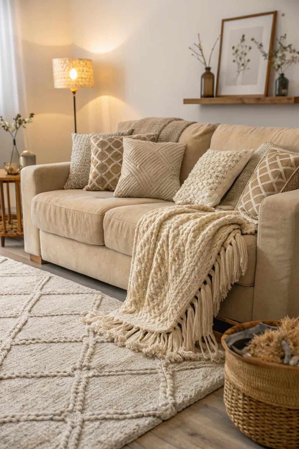 Textures bring life to a beige living room.