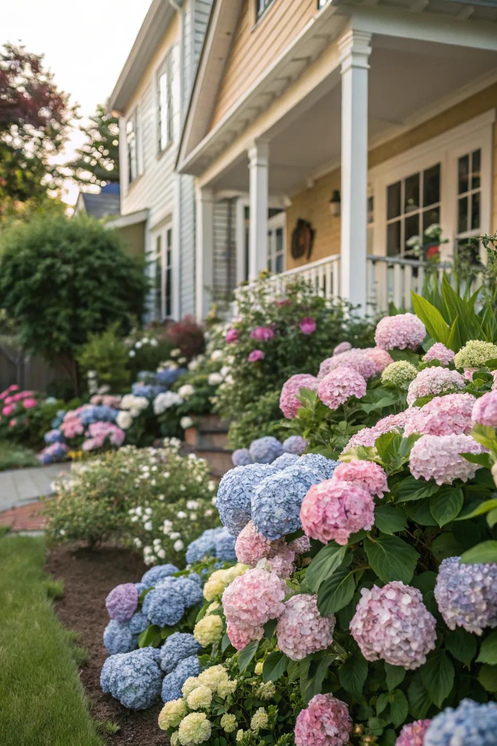 Hydrangeas offer a dynamic display of color and texture for your home's entrance.