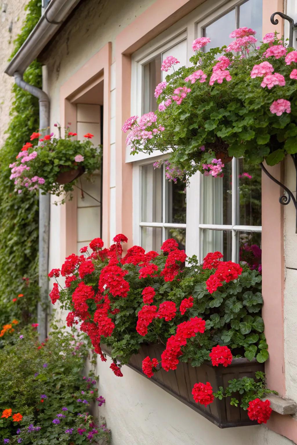Geraniums provide a classic charm to any window.