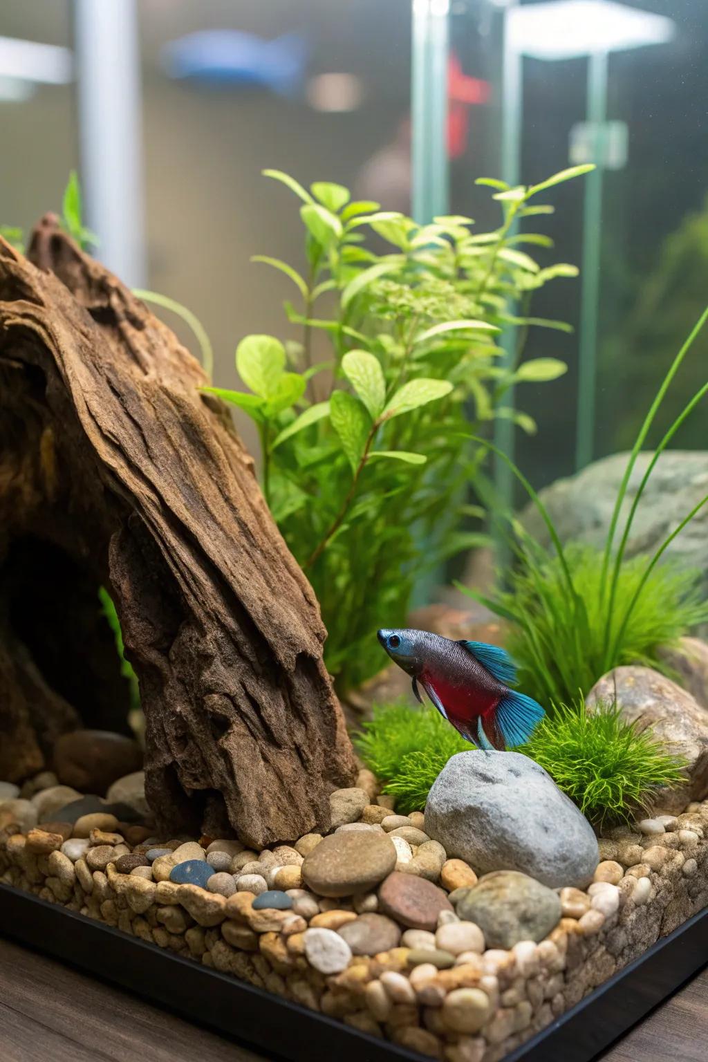 A natural oasis for your betta fish with rocks and driftwood.