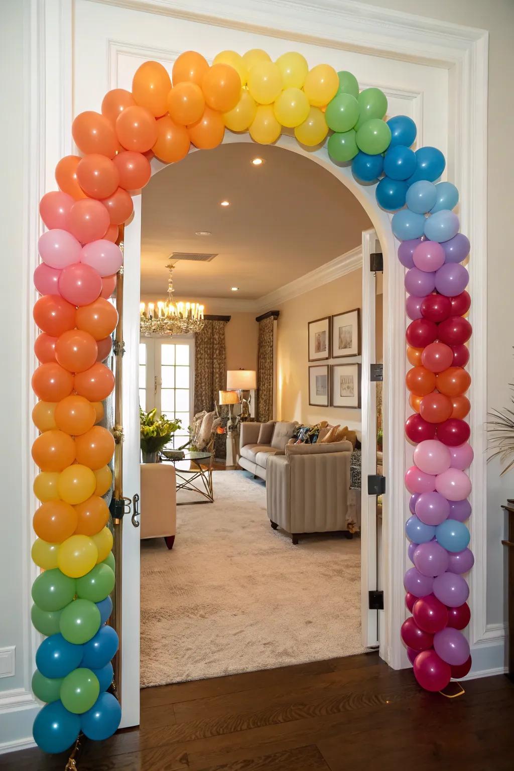 A colorful balloon arch adds a festive touch to a birthday entrance.