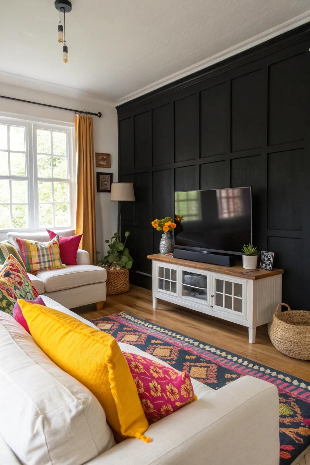 Bright decor stands out beautifully against a black accent wall.