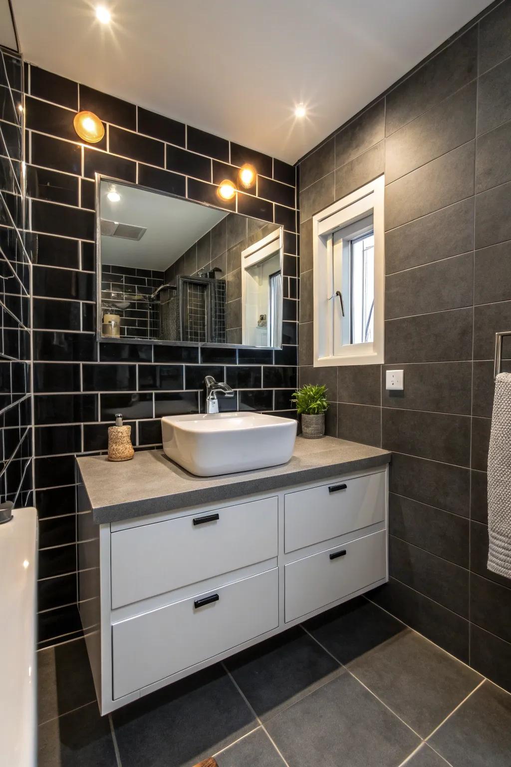 A striking bathroom with bold black walls creating a dramatic contrast.