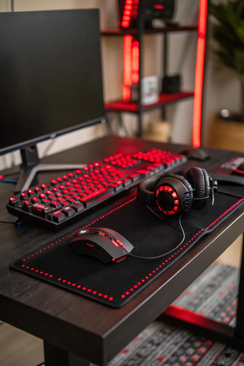 Red LED lights cast a warm glow on a black gaming desk, enhancing the ambiance.