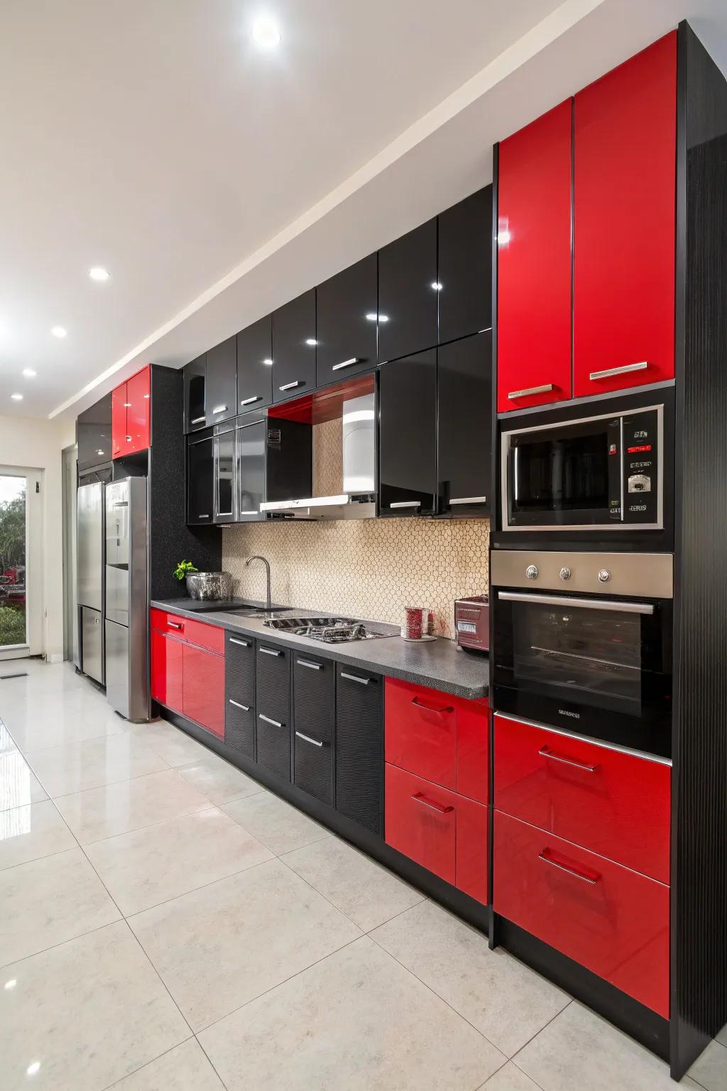 Two-tone cabinetry in black and red creates a bold visual statement.