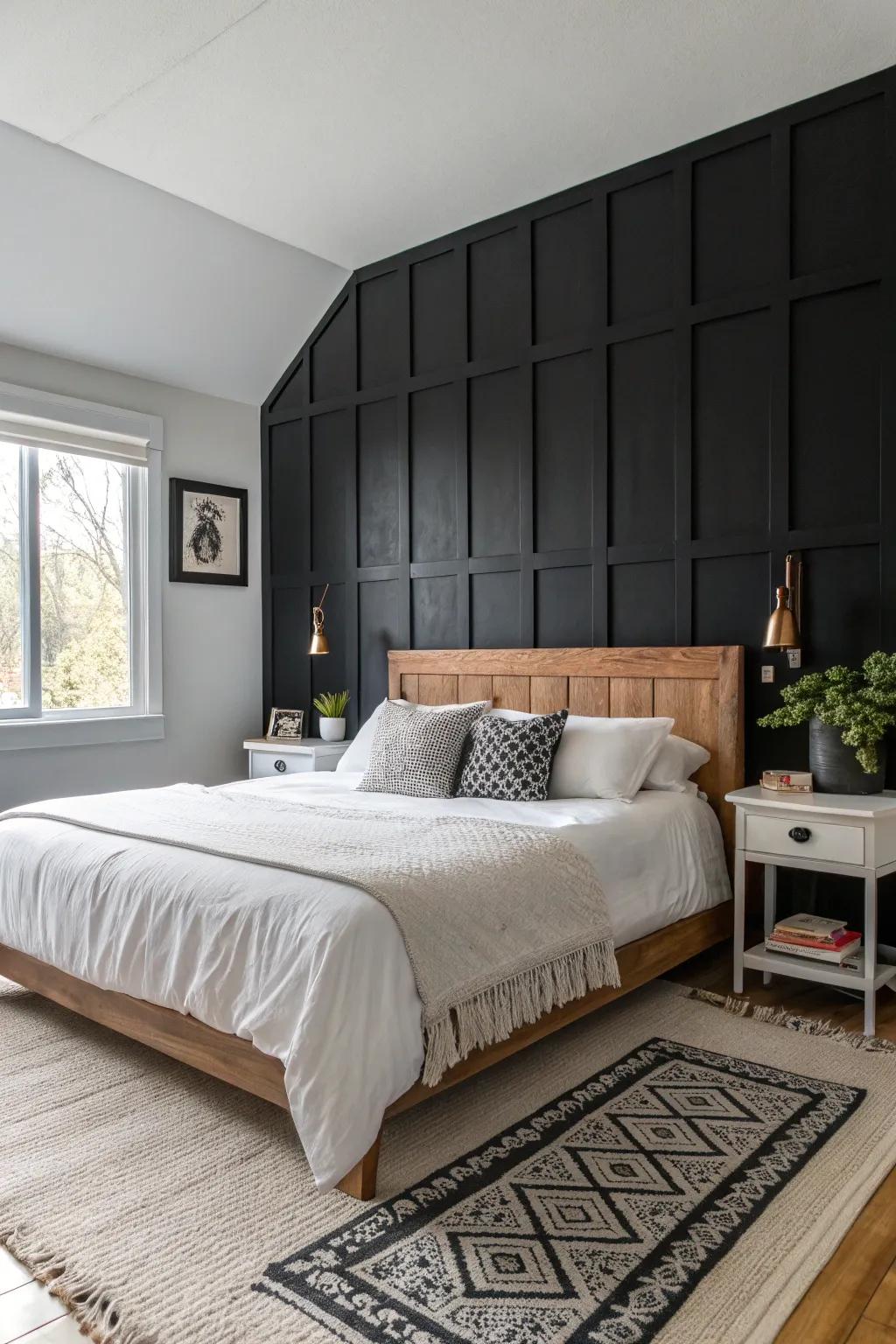 A black accent wall adds drama and contrast to any bedroom.