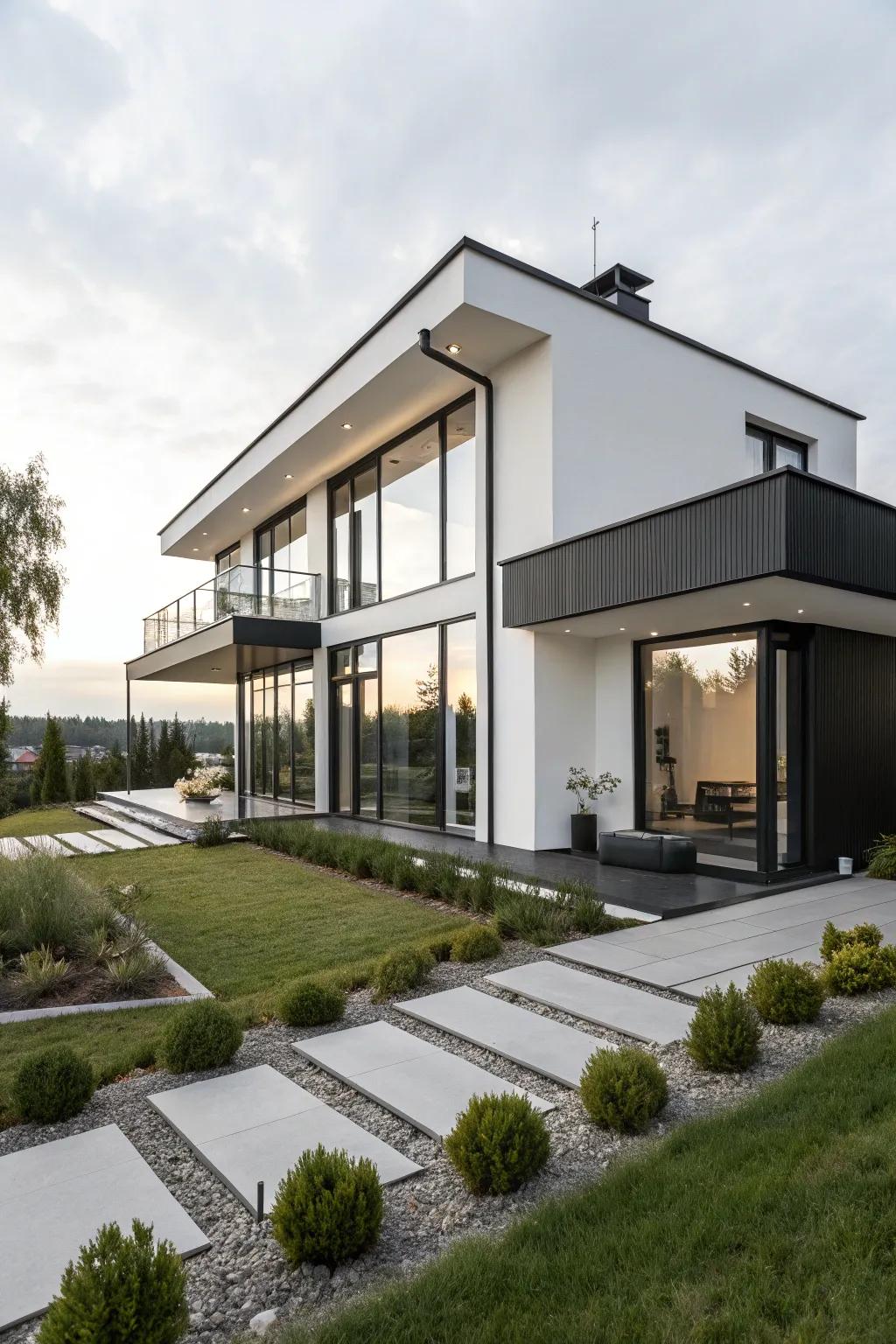 A modern home with a sleek black and white exterior and minimalist landscaping.