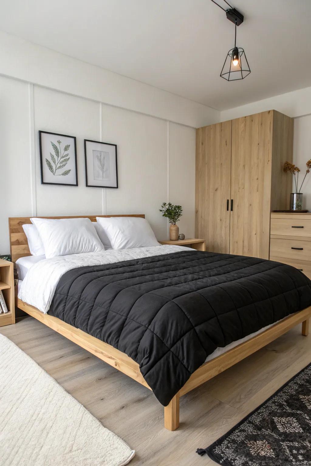 A minimalist bedroom showcasing the elegance of black and white contrasts.