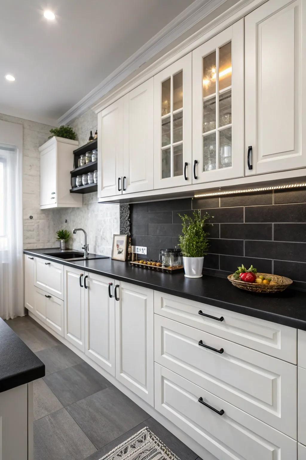 Black countertops paired with white cabinets for a timeless contrast.