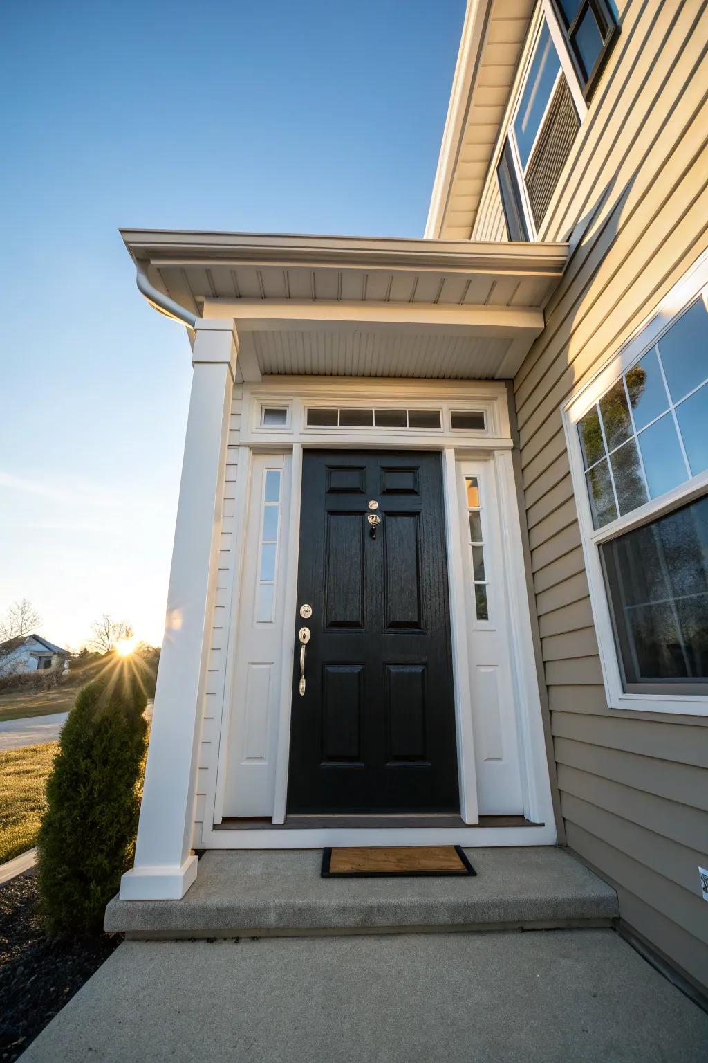 A striking black door with white trim creates a bold statement against neutral siding.