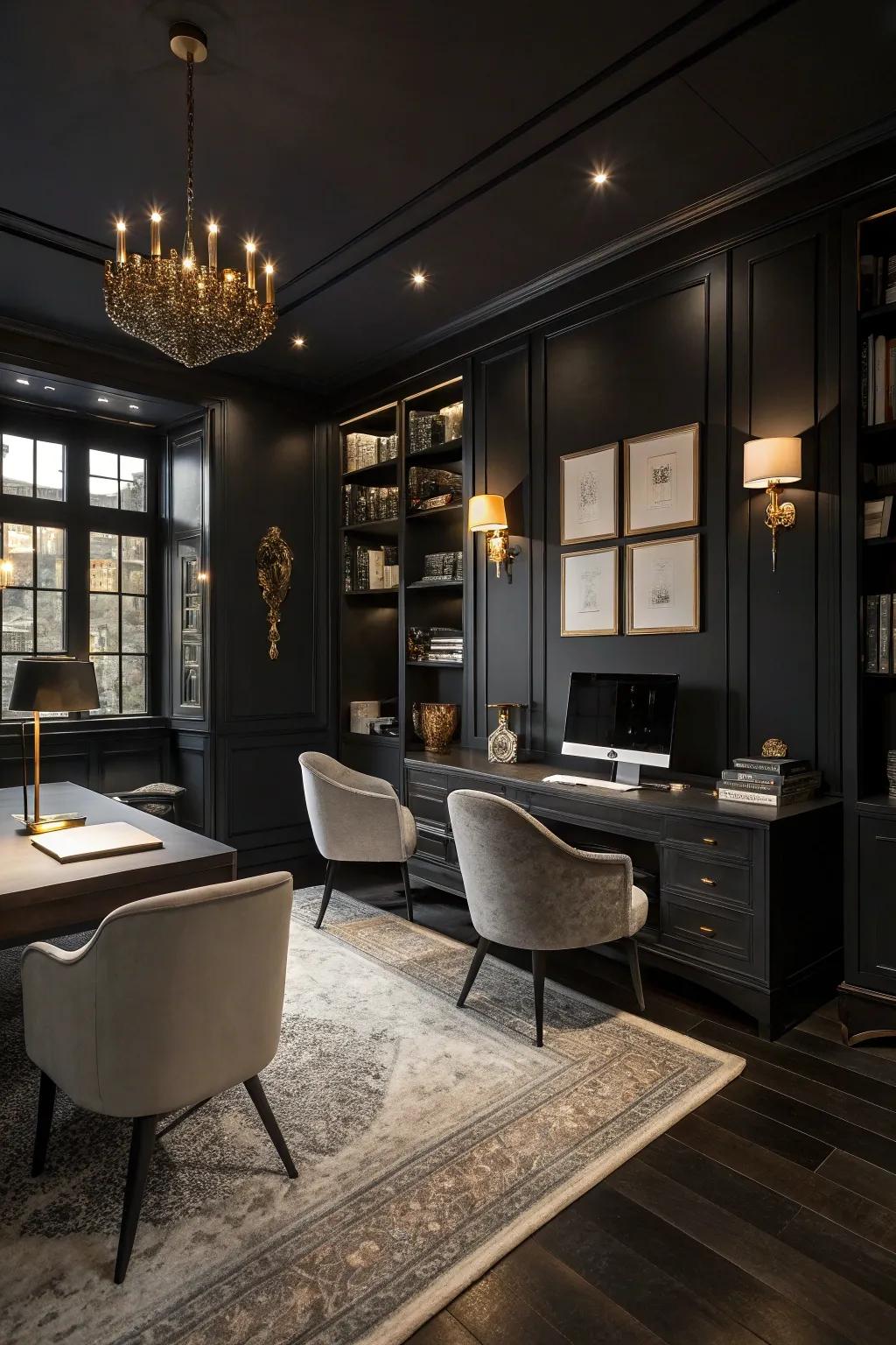 Black walls set a bold backdrop for a stylish and modern office.