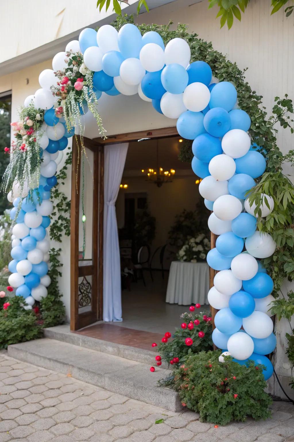 A welcoming blue and white balloon arch sets the tone for your event.