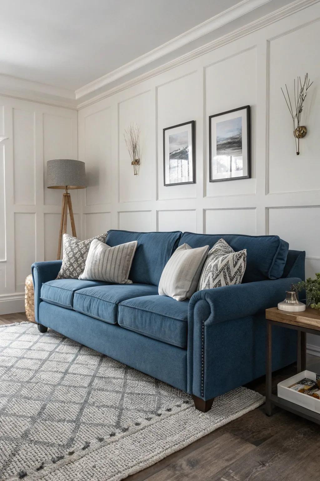 A serene living space with a blue couch and neutral accents.