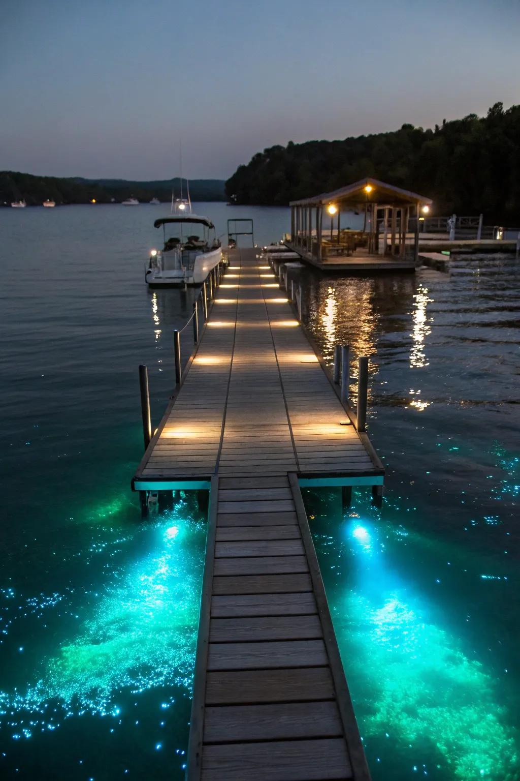 Underwater lights transform the dock into a magical oasis.