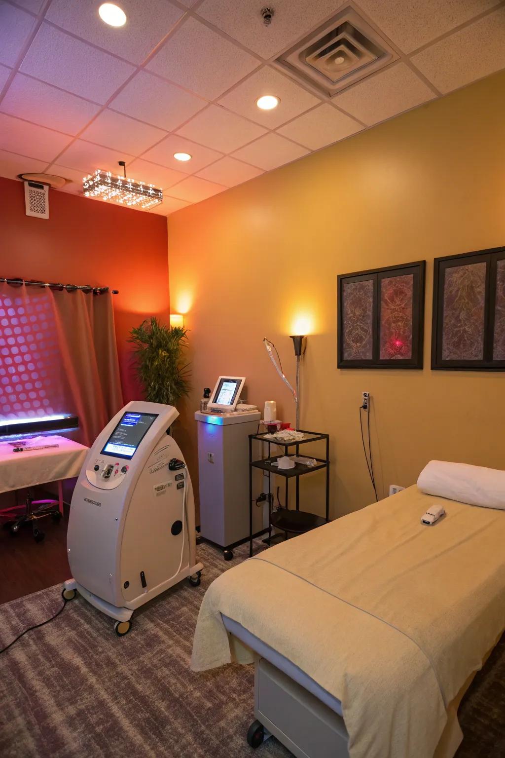 Dimmable lighting creates a cozy atmosphere in the body sculpting room.