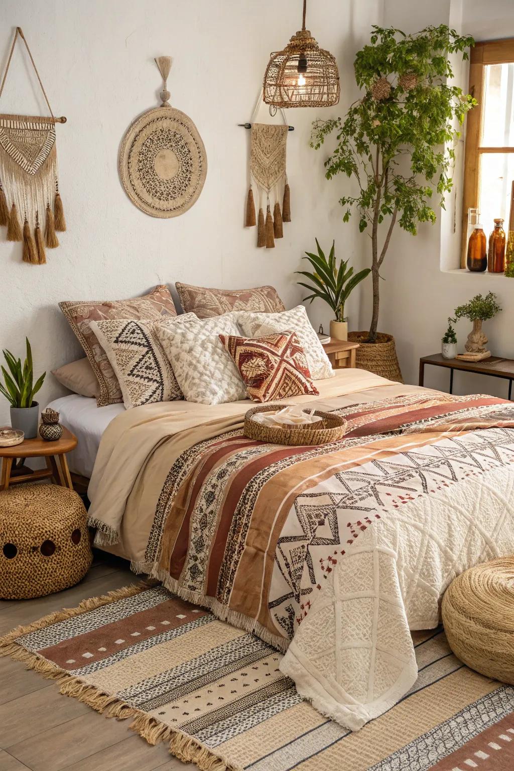 Textured bedding in earthy tones creates a cozy and inviting boho bedroom.