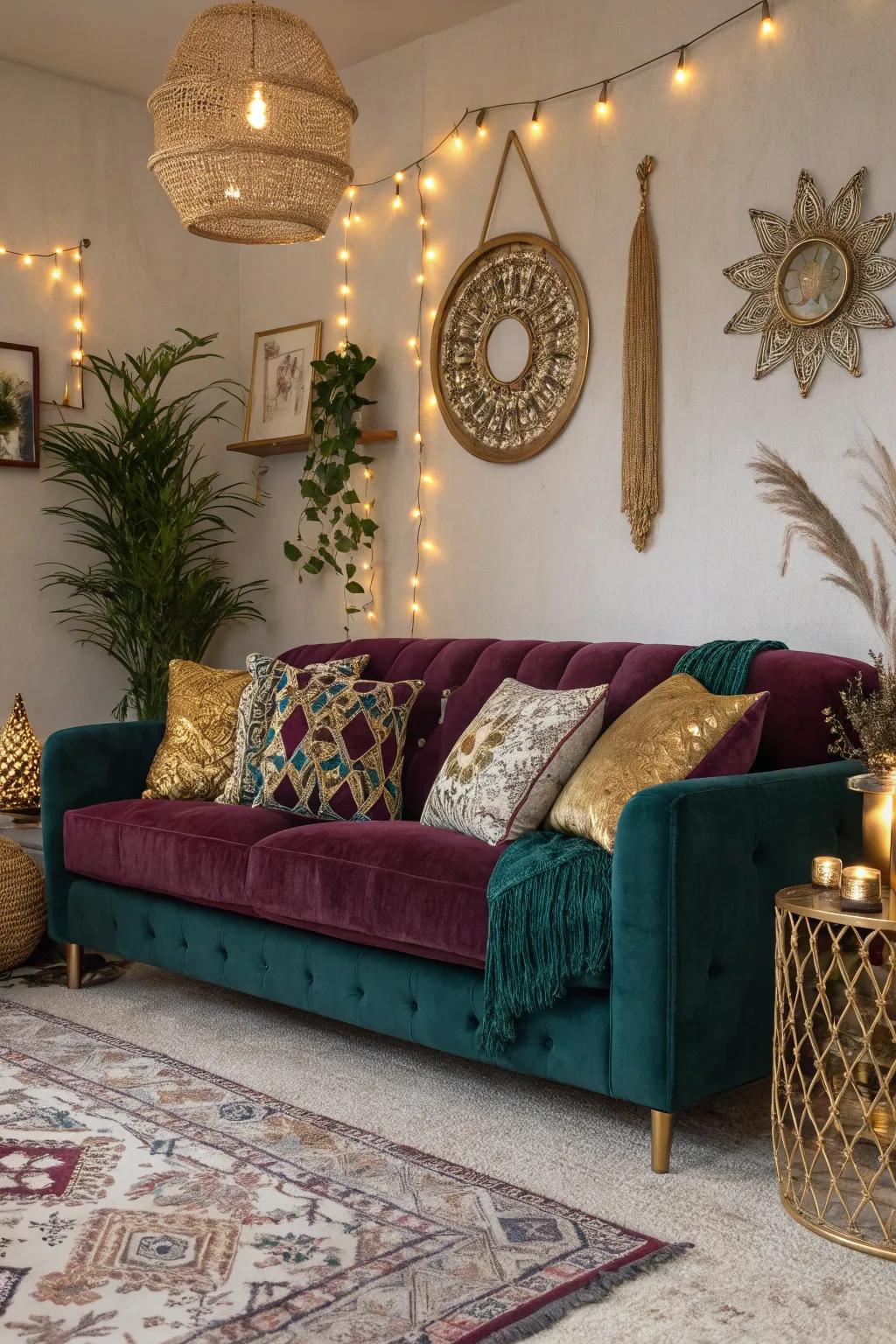 A deep jewel-toned velvet sofa adds a touch of glam to this boho space.