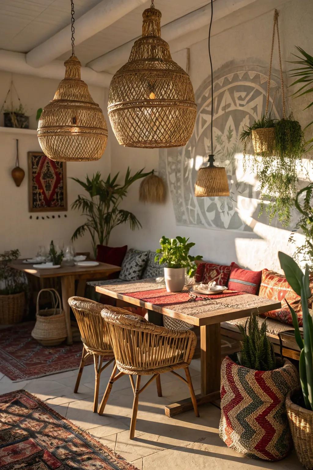 Wicker pendant lights casting beautiful shadows in a bohemian dining room.