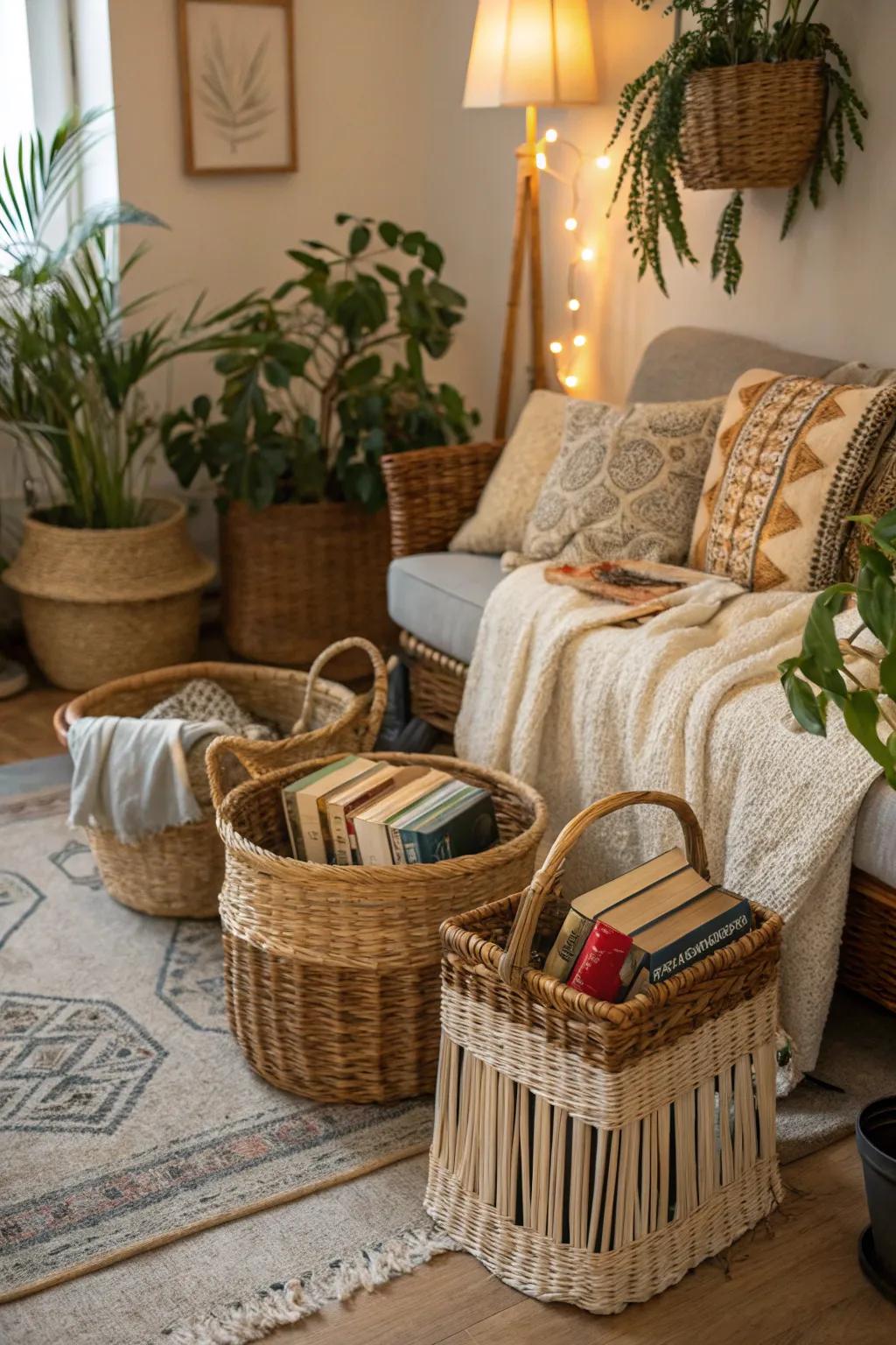 Wicker baskets add texture and warmth to your boho decor.