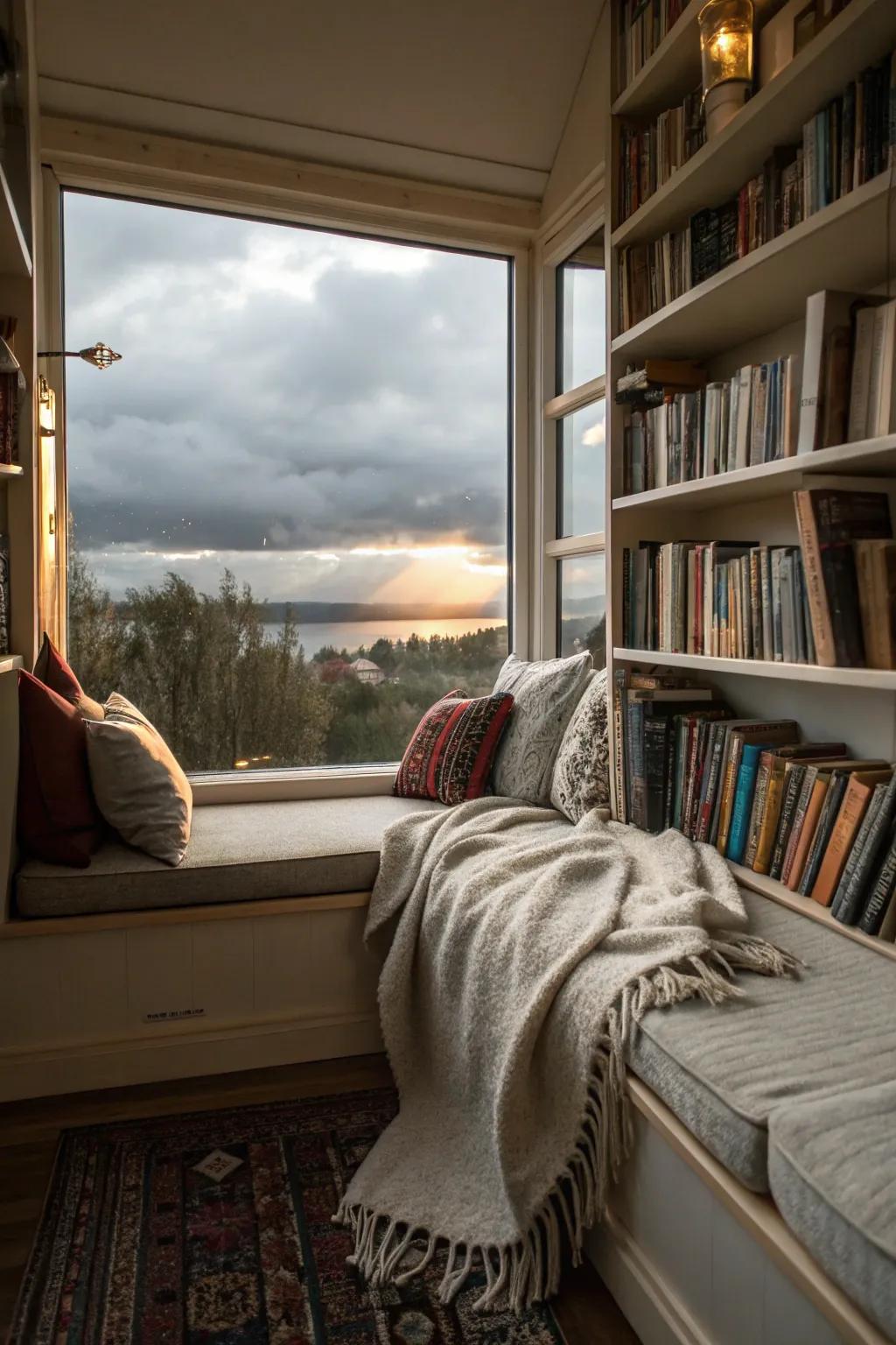 A window seat book nook with a scenic view and inviting decor.