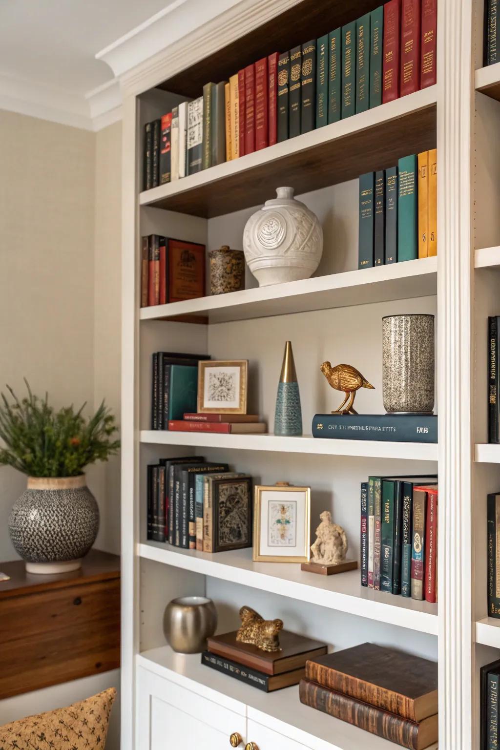 A harmonious balance of books and decor items on a bookshelf.