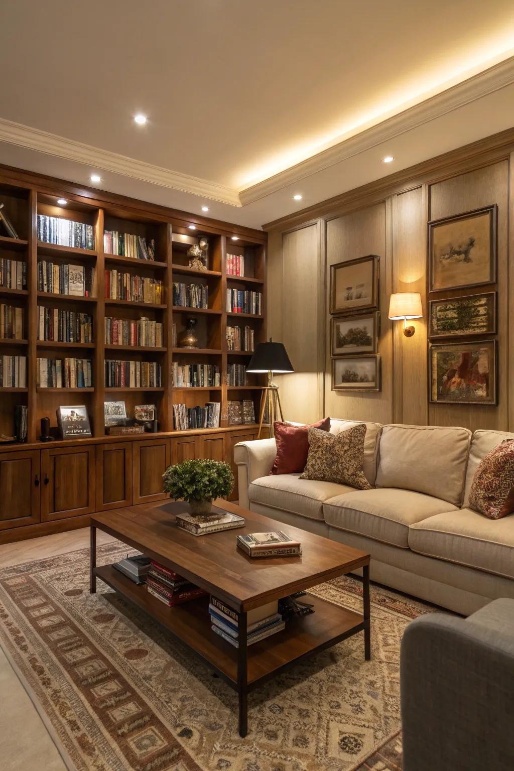 Integrated bookshelf wall in the living room for a cozy feel.