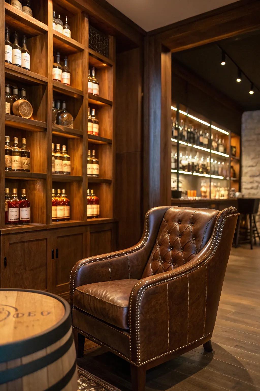 A plush leather chair adds timeless comfort to a bourbon room.