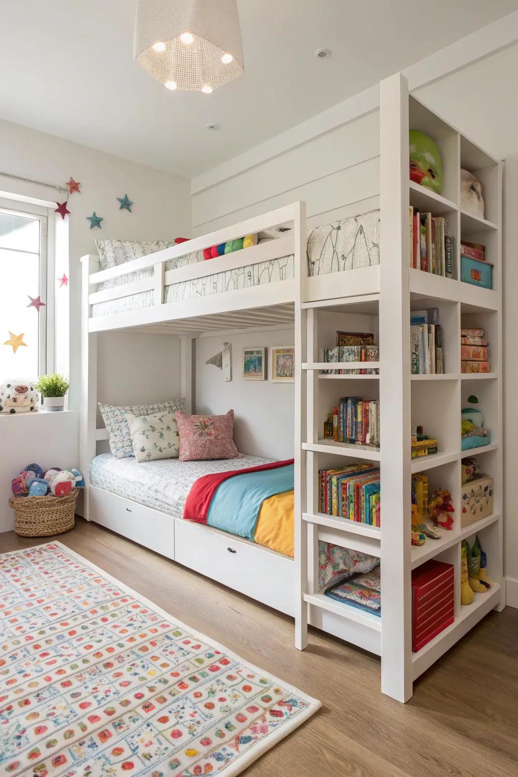 A slim bunk bed creates more room for activities in a shared space.