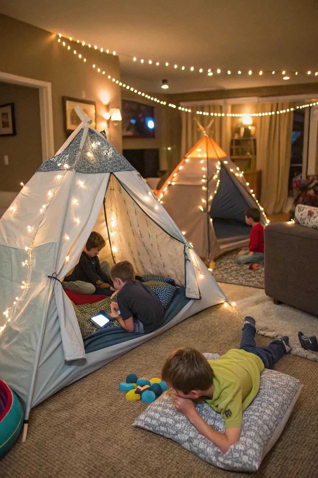 Indoor tents create a cozy and adventurous sleepover setting.