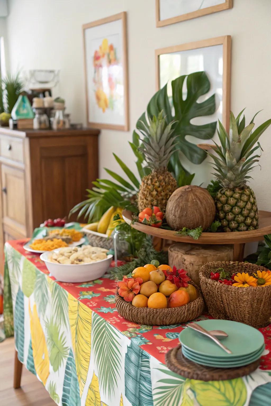 A tropical themed buffet adds a splash of color and fun to any gathering.